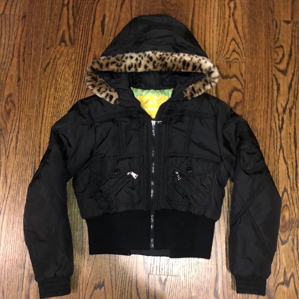 Girls short jacket with faux fur trimmed hood